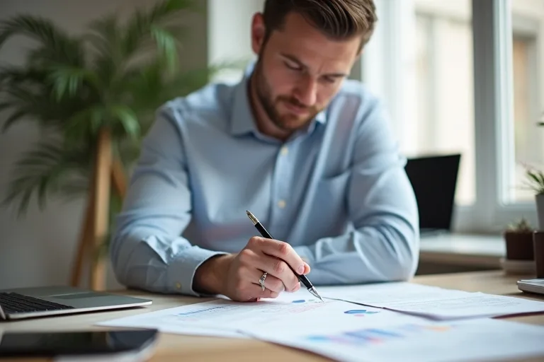 En man går igenom sitt CV vid ett skrivbord med laptop, papper och penna framför sig.
