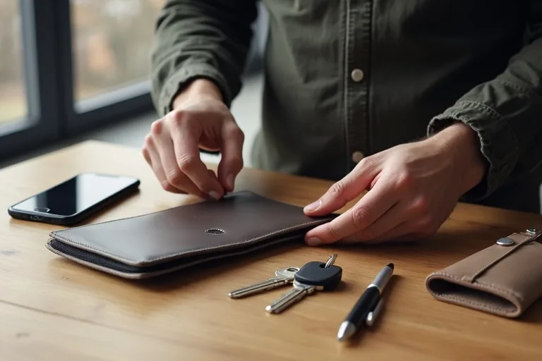 En man lägger ut mobil, slank plånbok, nyckelorganiserare, penna och en liten pouch på ett bord i ett rent, lugnt upplägg.