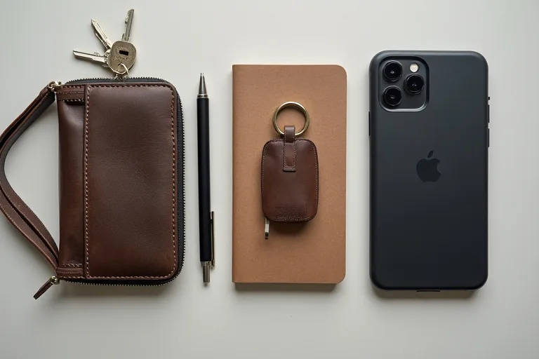 En manlig EDC-uppsättning med plånbok, nycklar, penna och mobil prydligt placerade på ett skrivbord.