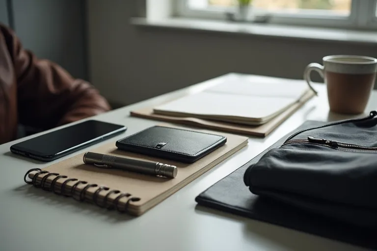 En manlig EDC-setup med slim plånbok, nyckelorganisering, penna och liten ficklampa på ett rent skrivbord.
