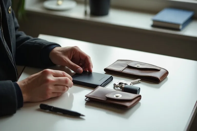 En man lägger en slimmad plånbok, nycklar, penna och en liten ficklampa bredvid en organiserad ficka.