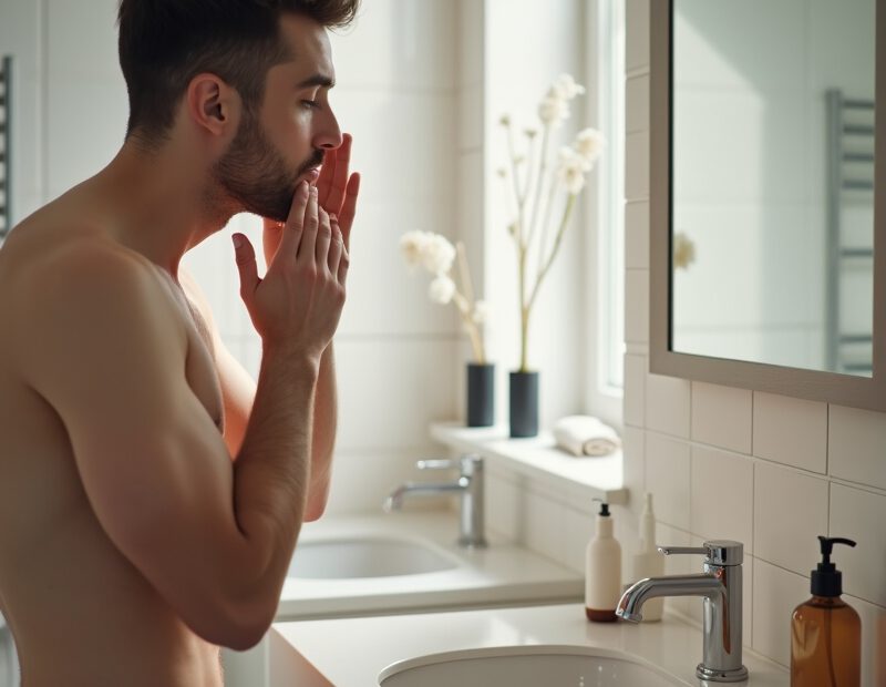 Man smörjer ansiktet med fuktkräm i ljust badrum