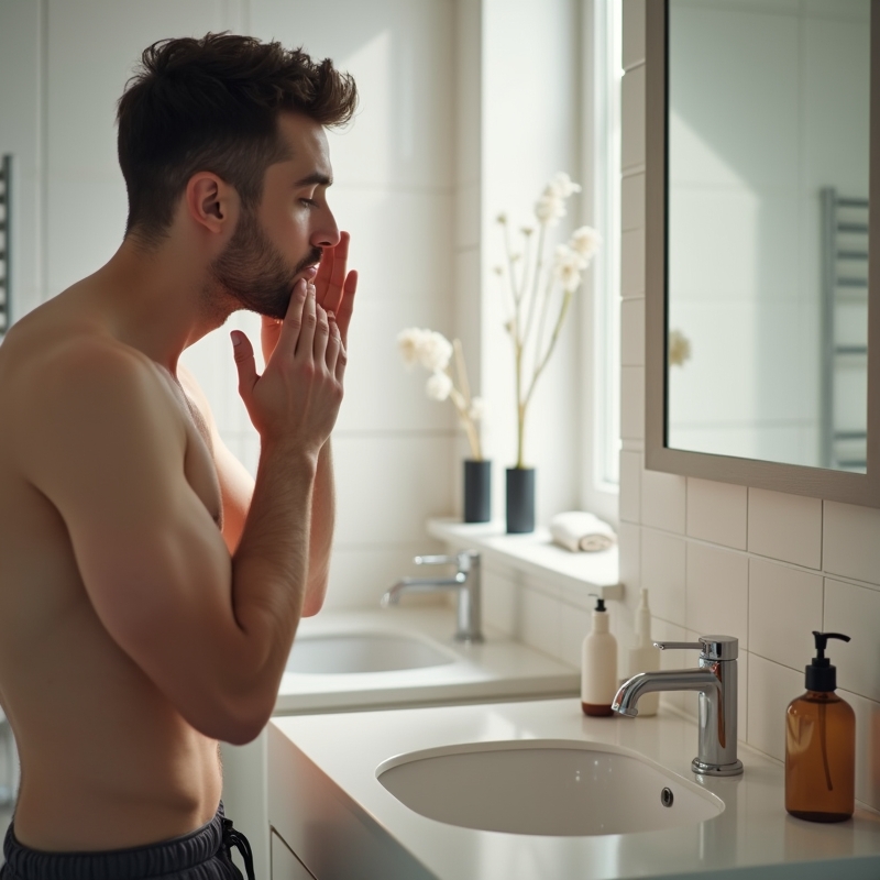 Hem 14 Man smörjer ansiktet med fuktkräm i ljust badrum