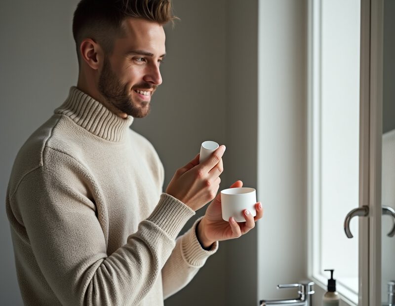 Man applicerar fuktkräm i badrum under kall vintermorgon