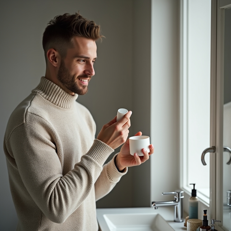 Hem 4 Man applicerar fuktkräm i badrum under kall vintermorgon