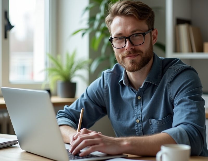 Man skriver personligt brev vid laptop på ordnat skrivbord