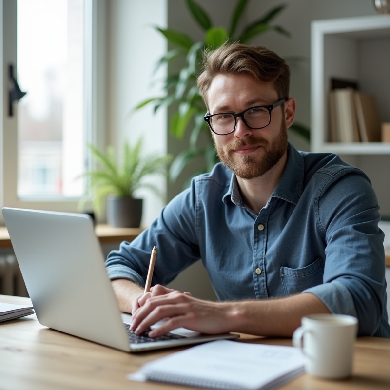 Hem 3 Man skriver personligt brev vid laptop på ordnat skrivbord