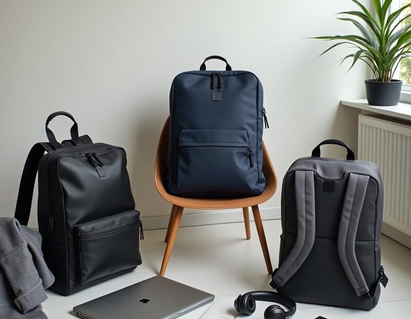 Tre laptopryggsäckar i olika prisklasser i modern arbetsmiljö