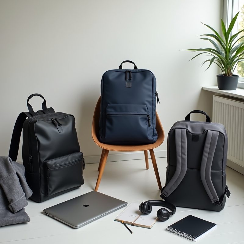 Hem 2 Tre laptopryggsäckar i olika prisklasser i modern arbetsmiljö