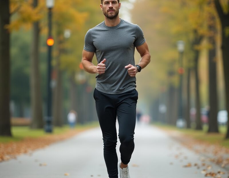 Man i träningskläder ute på promenad i stadsmiljö