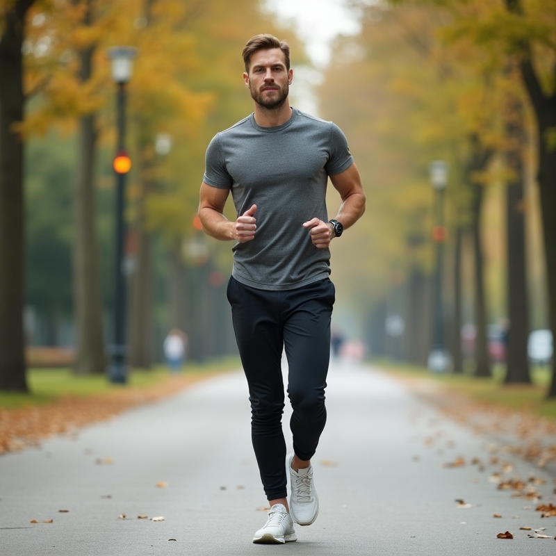 Hem 1 Man i träningskläder ute på promenad i stadsmiljö