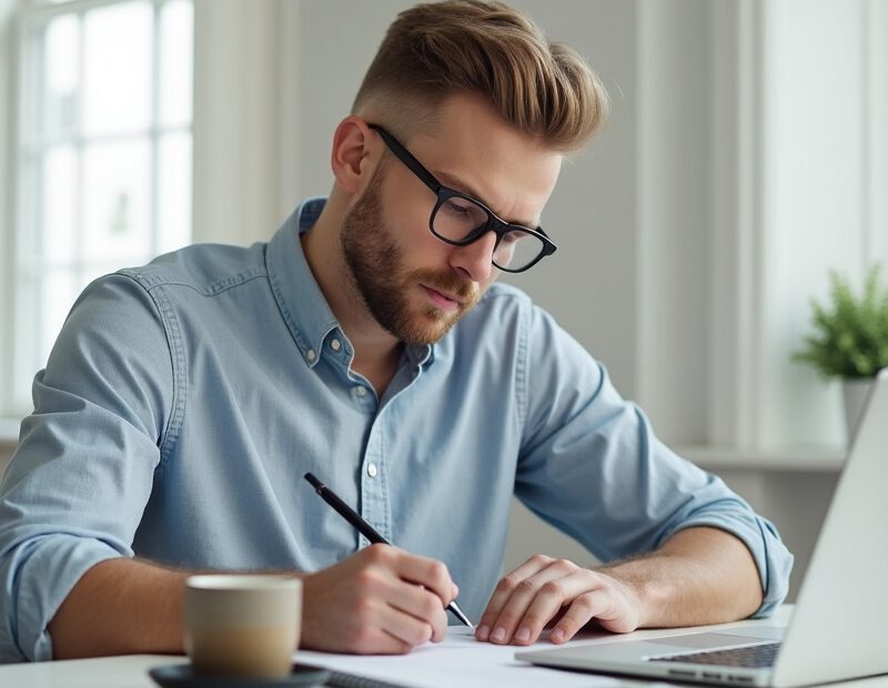 Personligt brev: komplett guide med exempel 1 Man skriver personligt brev vid laptop på modernt skrivbord