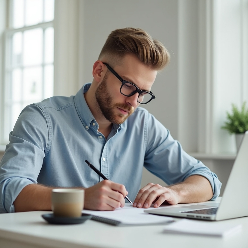 Hem 13 Man skriver personligt brev vid laptop på modernt skrivbord