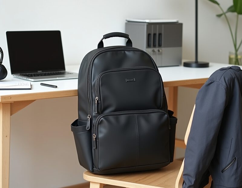 Laptopryggsäck köpguide för jobb, resa och pendling 1 Stilren laptopryggsäck på stol med dator och jobbprylar bredvid