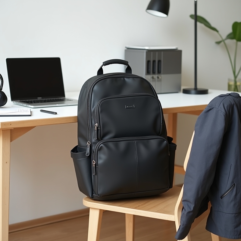 Hem 12 Stilren laptopryggsäck på stol med dator och jobbprylar bredvid