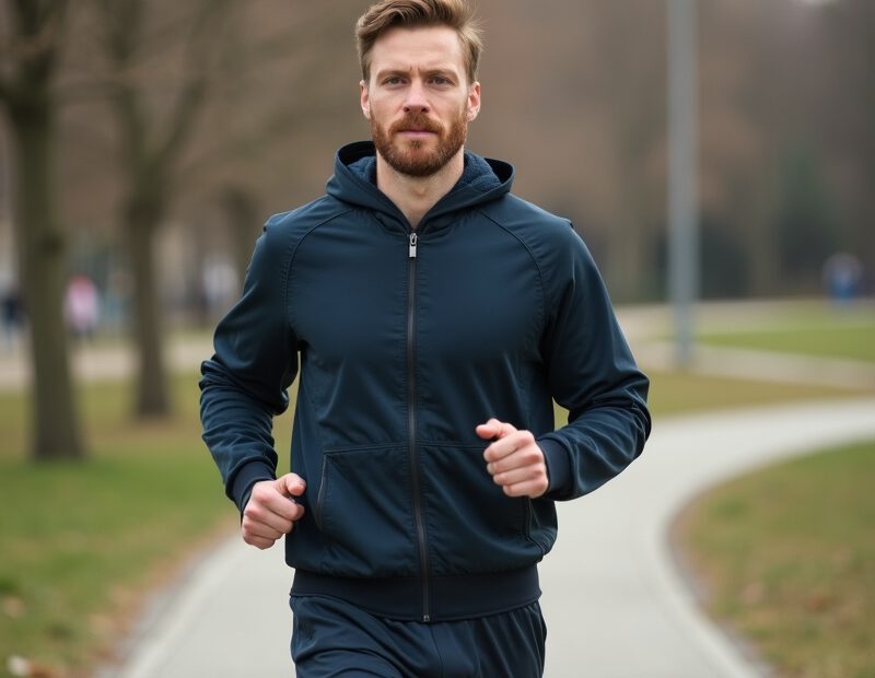 Man i träningskläder på promenad i stadsmiljö med vattenflaska