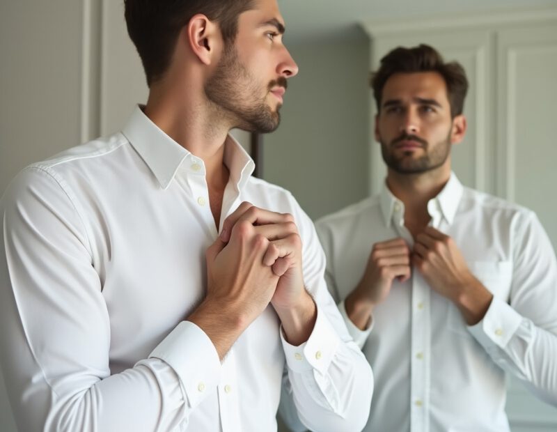 Vit skjorta för män: misstag, passform och enkla fixar 1 Man i vit skjorta som justerar krage i modern inomhusmiljö