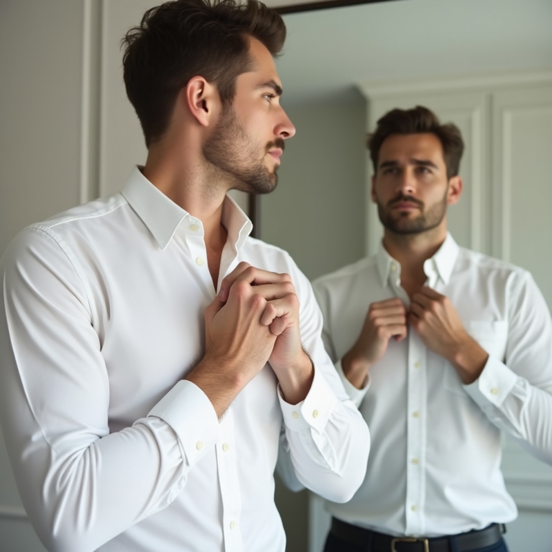Hem 10 Man i vit skjorta som justerar krage i modern inomhusmiljö