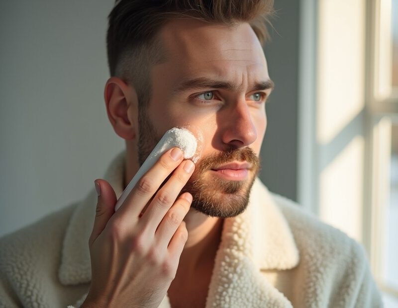 Man med torr och stram hud applicerar fuktkräm i badrum