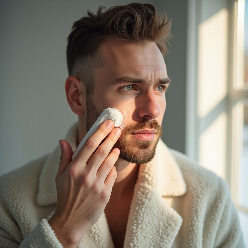 Hem 9 Man med torr och stram hud applicerar fuktkräm i badrum