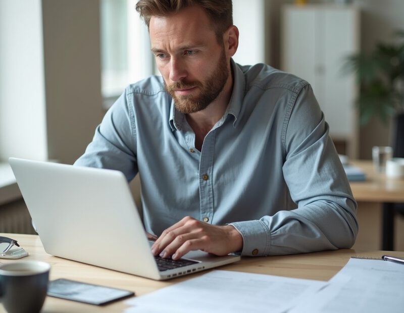 Man arbetar fokuserat med personligt brev vid laptop på skrivbord