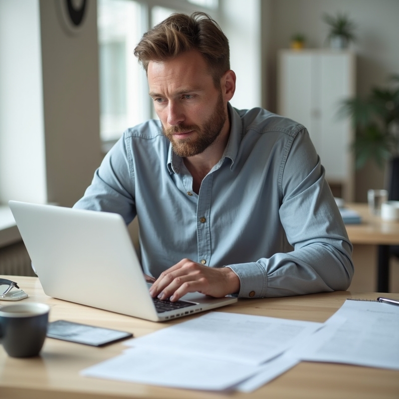 Hem 8 Man arbetar fokuserat med personligt brev vid laptop på skrivbord