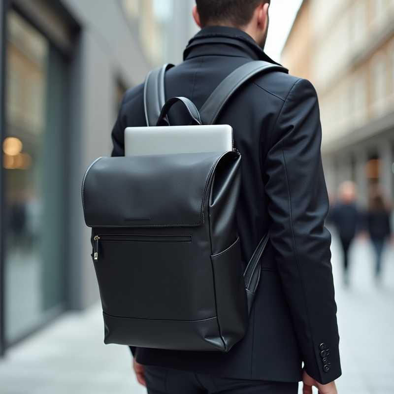 Hem 7 Man med laptopryggsäck på väg till jobb och pendling i stadsmiljö