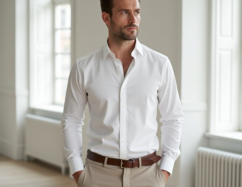 Man i vit skjorta med stilren outfit i modern miljö