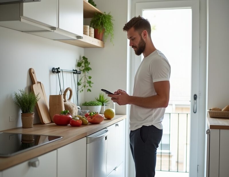 Man i kök planerar hälsosam viktnedgång med enkel måltid