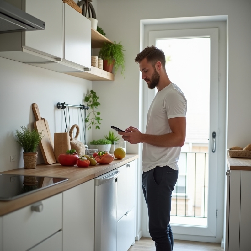 Hem 6 Man i kök planerar hälsosam viktnedgång med enkel måltid