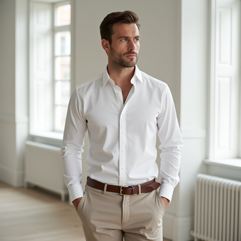 Hem 15 Man i vit skjorta med stilren outfit i modern miljö