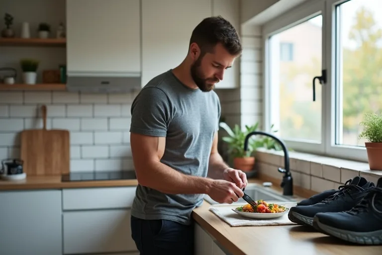 En man förbereder en enkel måltid i köket med träningsväska och promenadskor bredvid sig.
