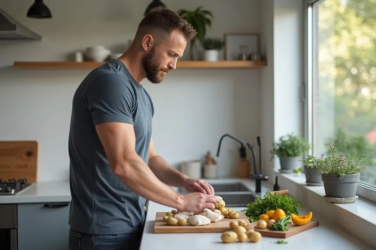 En man förbereder en enkel och mättande måltid i ett ljust kök inför sin viktnedgång