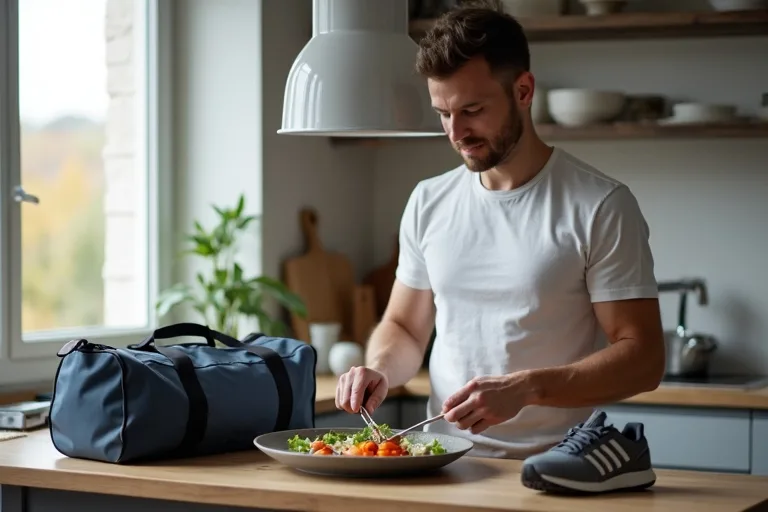 En man förbereder en enkel måltid i köket med träningsväska och promenadskor bredvid sig.