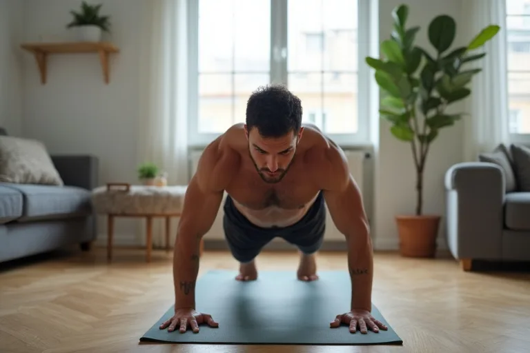 En man tränar kroppsviktsövningar på en matta i en liten lägenhet med begränsat utrymme.