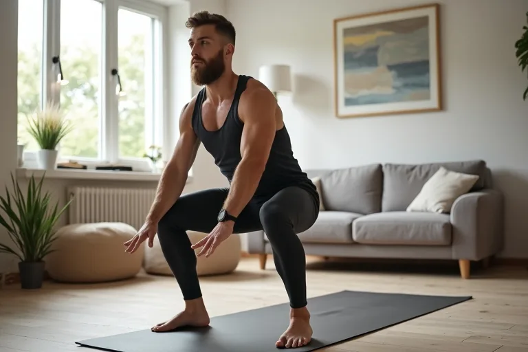 En man tränar kroppsviktsövningar på en matta i ett vardagsrum med enkel och avskalad inredning