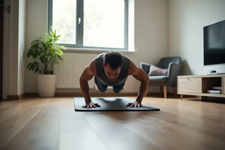 En man tränar kroppsvikt hemma på en matta i vardagsrummet med naturligt ljus från fönstret.