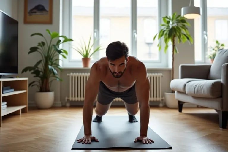 En man tränar kroppsvikt i ett vardagsrum med kontrollerad teknik på en träningsmatta.