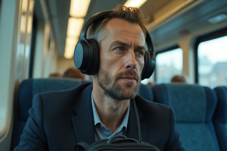 En man med over ear-hörlurar sitter på ett tåg med en laptopväska och ser fokuserad ut under pendlingen.