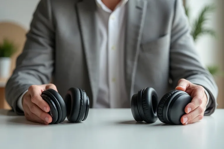 En man jämför två par hörlurar på ett skrivbord i ett ljust hem, med en enklare modell och en större premium-modell framför sig.