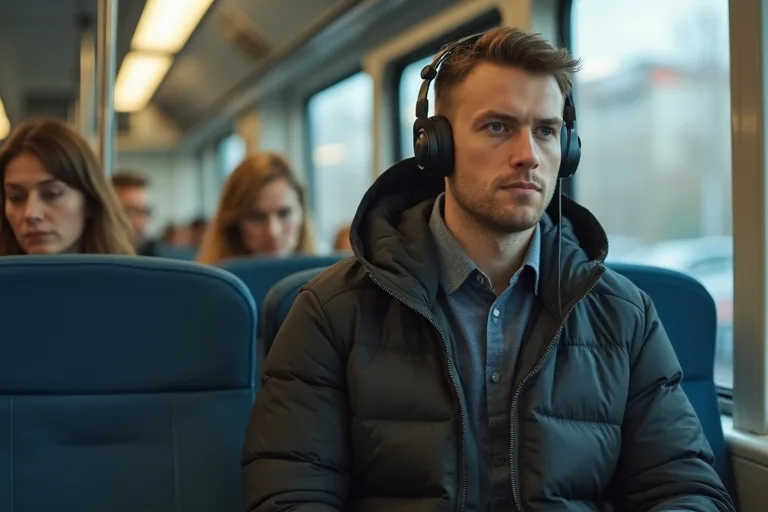 En man sitter på ett tåg med over ear-hörlurar och en laptopväska i knät.