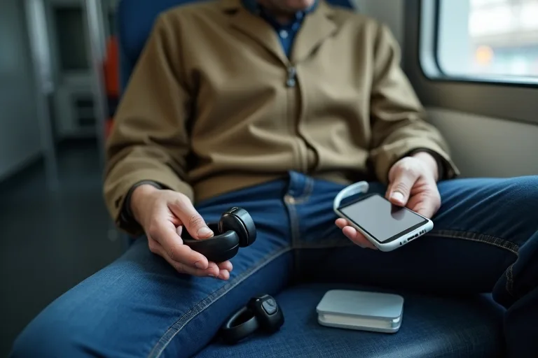 En man på ett tåg jämför ett par over ear-hörlurar och ett par in ear-hörlurar bredvid sin mobil.