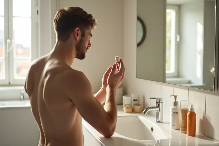 En man applicerar fuktkräm framför spegeln vid ett badrumshandfat med ansiktsrengöring och solskydd bredvid.