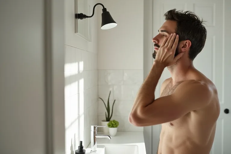 En man applicerar fuktkräm i ansiktet vid ett badrumsspegel efter att ha rengjort huden.