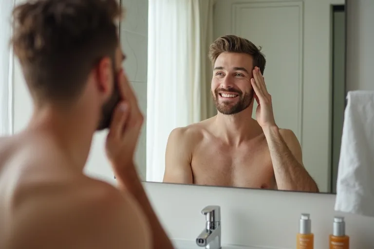 En man applicerar fuktkräm i ansiktet framför badrumsspegeln efter rengöring.