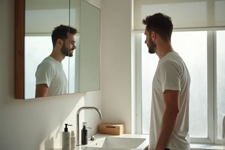 En man står vid ett badrumsspegel och har hudvårdsprodukter som rengöring, fuktkräm och solskydd framme på handfatet.