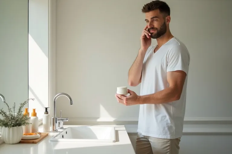 En man applicerar ansiktskräm framför spegeln i ett ljust och minimalistiskt badrum med rengöring och solskydd framme på handfatet.