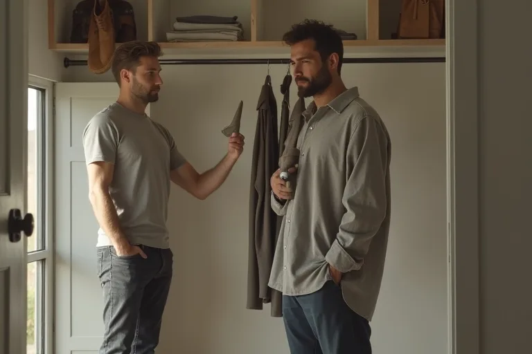 En man jämför ett par svarta skor och en T-shirt framför en neutral garderob i ett ljust rum.