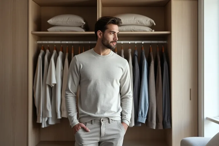 En man väljer neutrala basplagg i en välorganiserad garderob med skjortor, stickat och byxor.