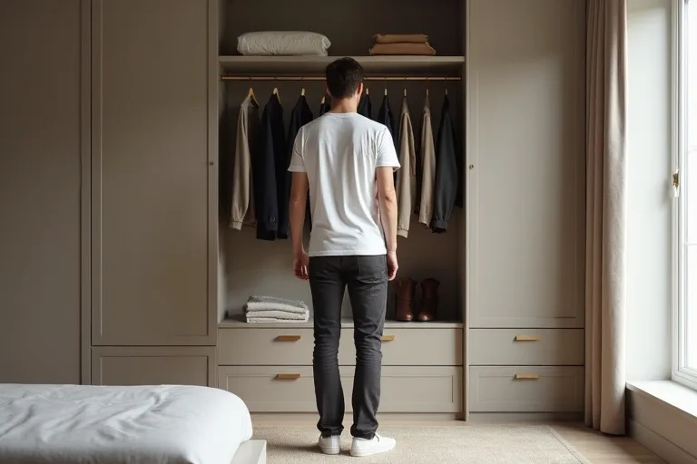 En man står framför en välorganiserad garderob med utvalda basplagg och ser över sina kläder.